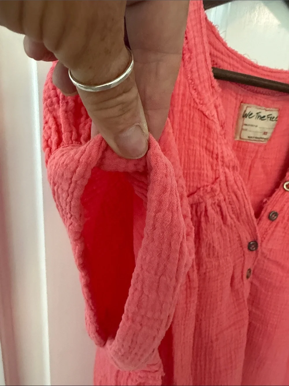 We The Free  Coral Pink Gauze Button Henley Top